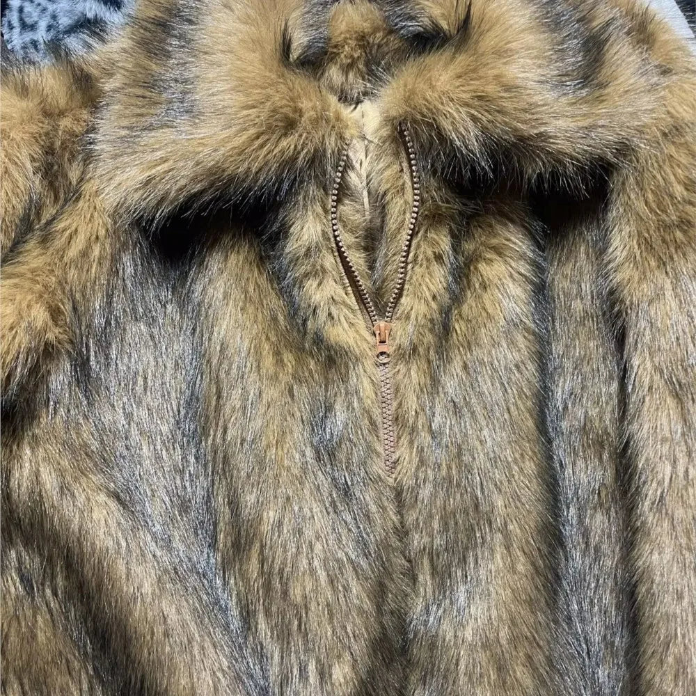 Winter Gradient Brown Long Hairy Shaggy Raccoon Faux Fur Coat Full sleeve Furry Women Big Lapel Furry Coat Loose Short Outerwear
