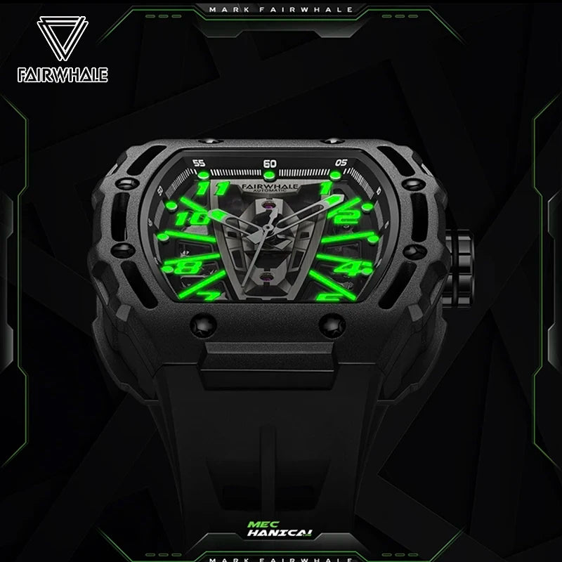 2025 Fashion Skeleton Automatic Watch Men Sports Silicone Strap Tonneau Red Wristwatch Man Luxury Mechanical Clocks Reloj Hombre