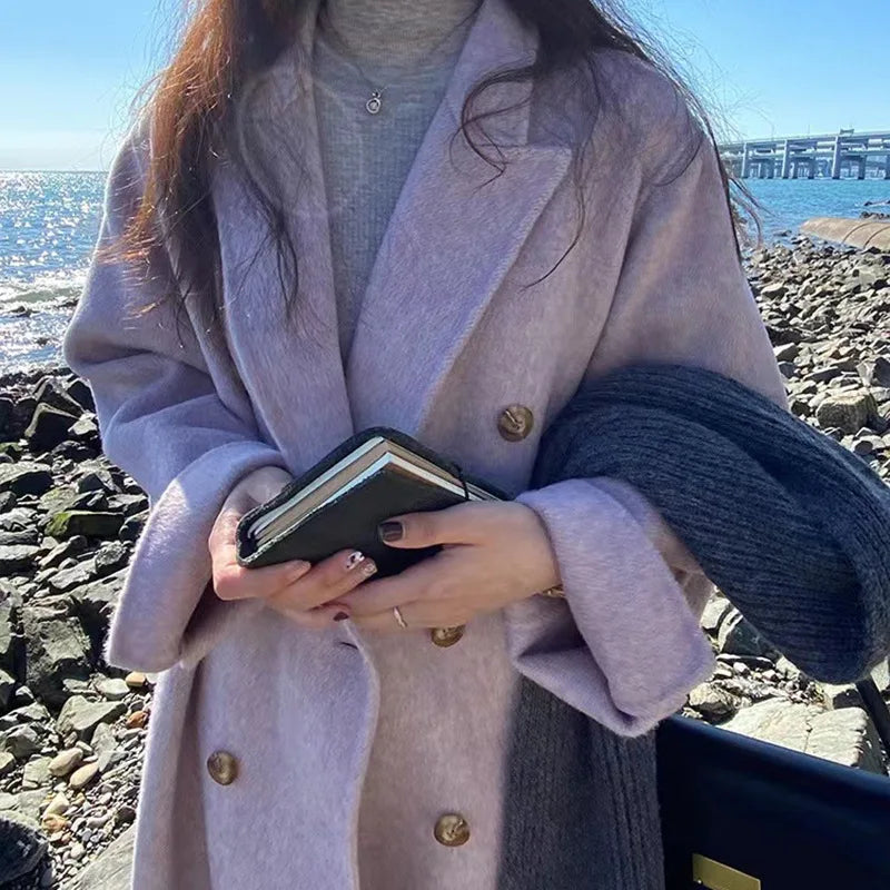2023 Autumn Women Drouble Breasted Woolen Coat Turn Down Collar Cashmere Winter Clothes Long Coats Tops New