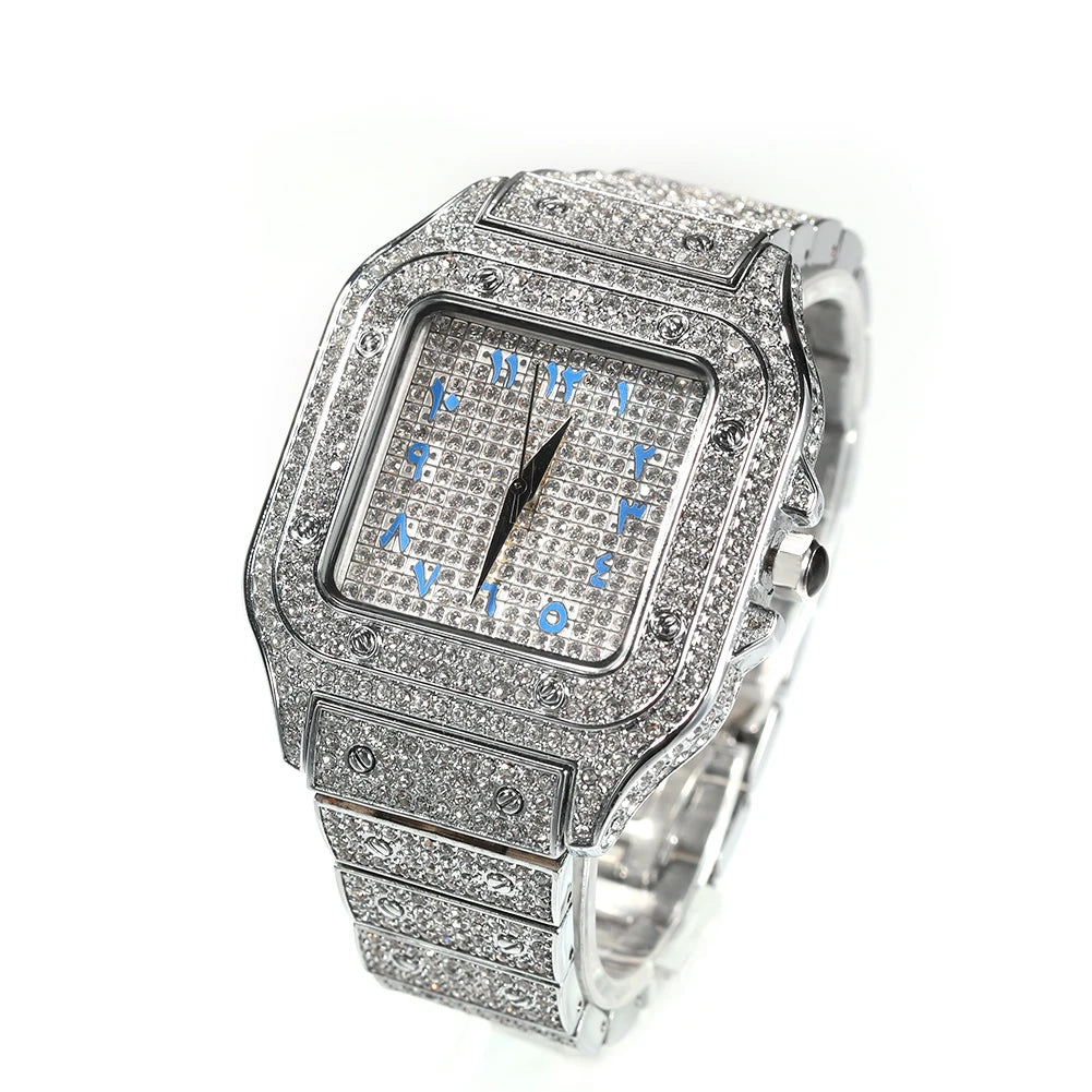 THE BLING KING Iced Out Men Watch Square Diamond Pink Blue Numbers Quartz Luxury Wrist Watches Roman Clock Relogio Masculino