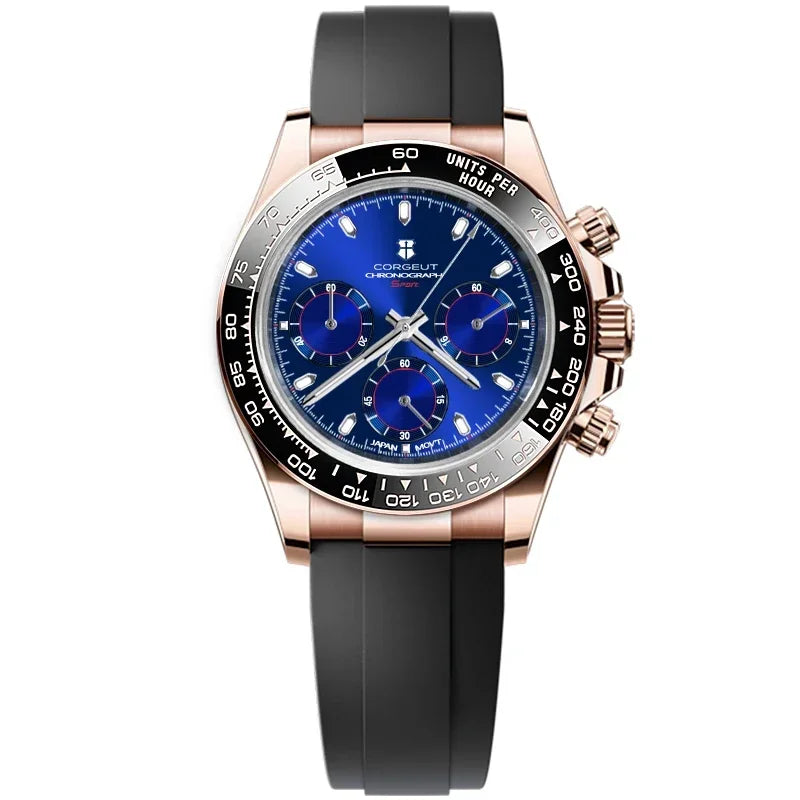 CORGEUT VK63 High Luxury Quartz Movement Silica Gel Sports Men's Watches Sapphire Flat Mirror Watch for Man Run Seconds