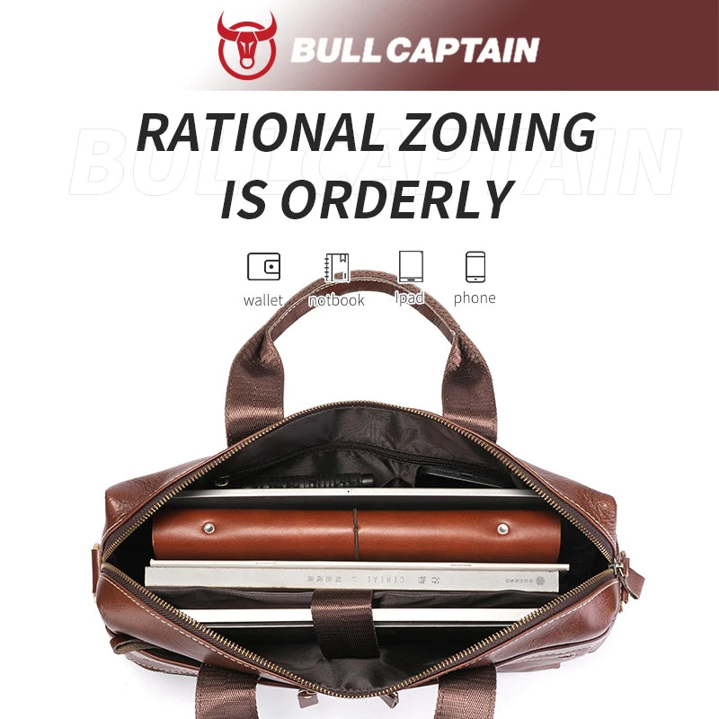 BULLCAPATIAN Men's Briefcase Genuine Leather Business Tote Bag Top Layer Cowhide Vintage Briefcase Messenger Bag Computer Bag