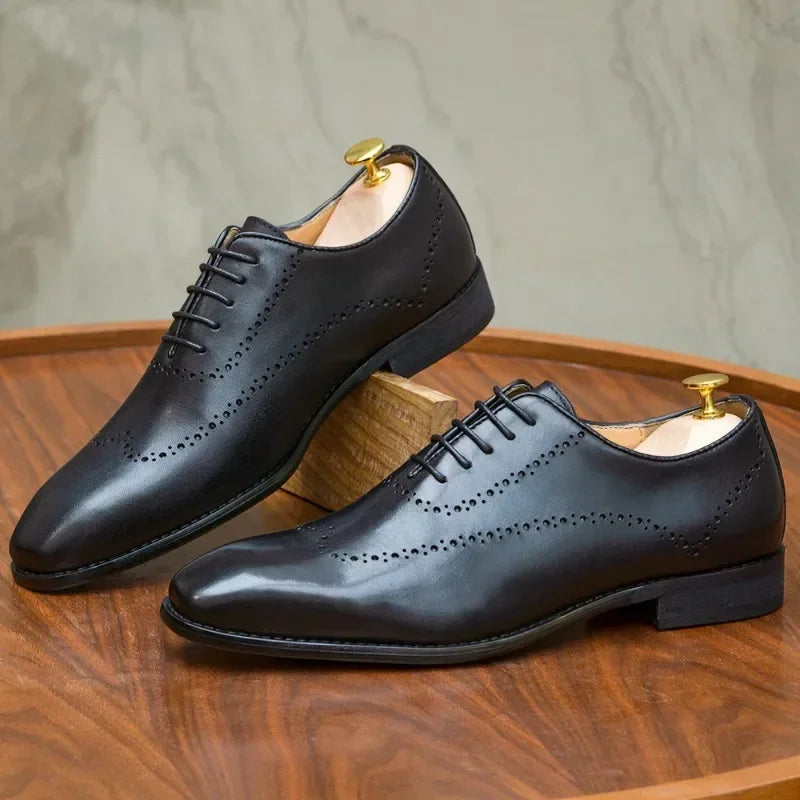 British Men's Business Dress Shoes Carved Block Fashion Small Square Head Polished Handmade Genuine Leather Oxford Shoe for Men
