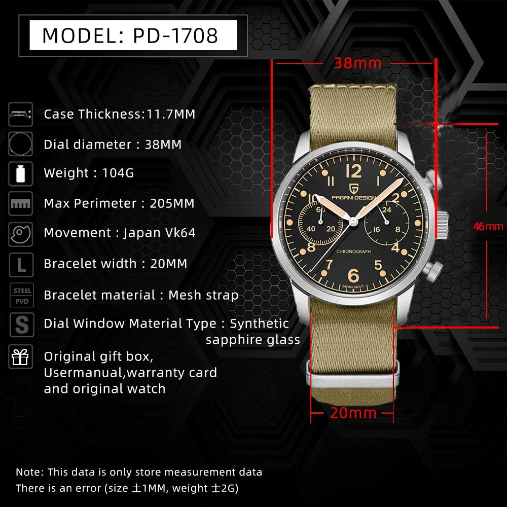 2025 PAGANI DESIGN Quartz WristWatch VK64 Multifunctional Watches Sapphire AR Coating Stainless steel Waterproof Watch for Men