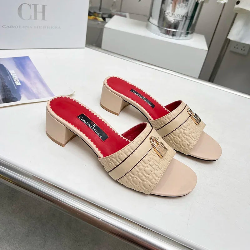 CH Luxury Heels Office Sandals for Women 2025 Elegant Fashion Shoes upper lock buckle Designs Slippers Retro Beach Flat Slippers