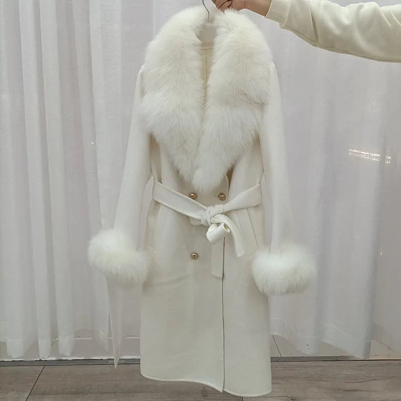 Long Women Wool Blended Coat With Big Real Fox Fur Collar Fashion Slim Winter Wool Jacket With Belt Outwear With Fox Fur Cuff