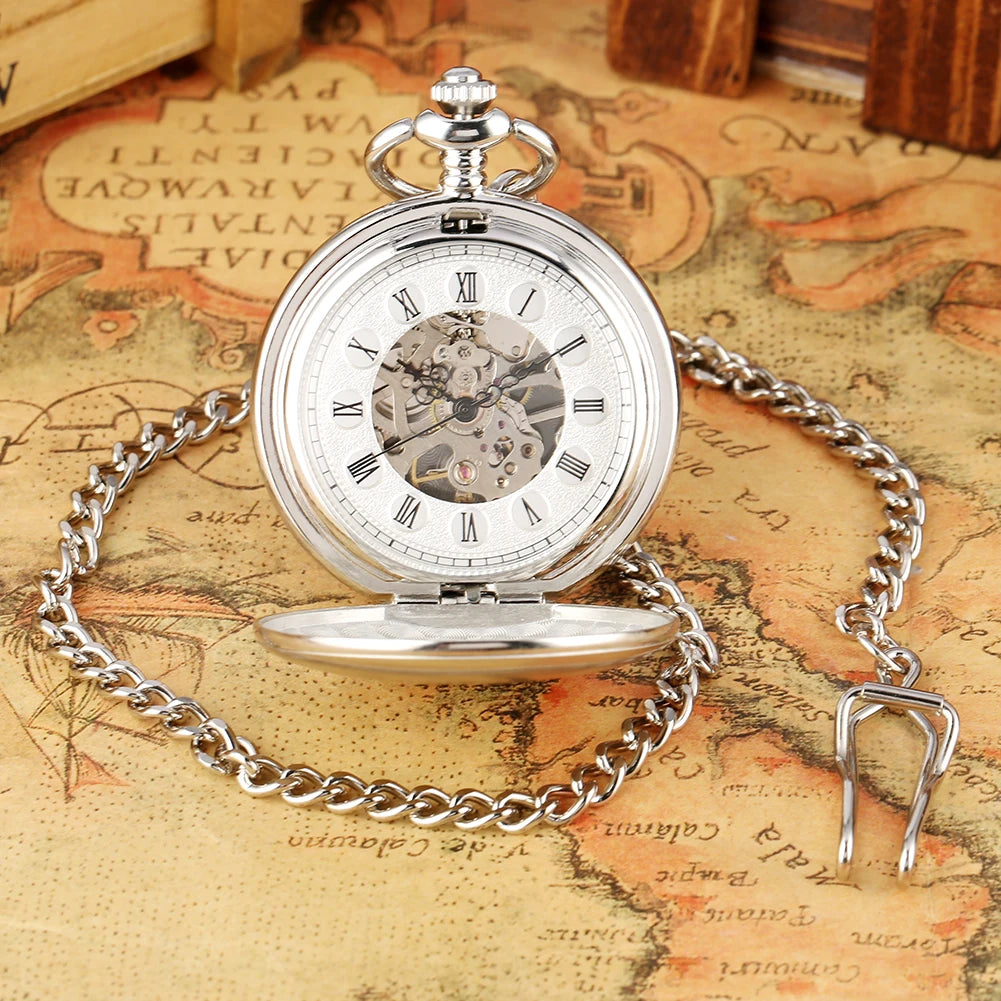 Classic Vintage Brushed Silver Mechanical Pocket Watch Hand Winding Movement Luxury Antique Timepiece Gift Men with Watch Box