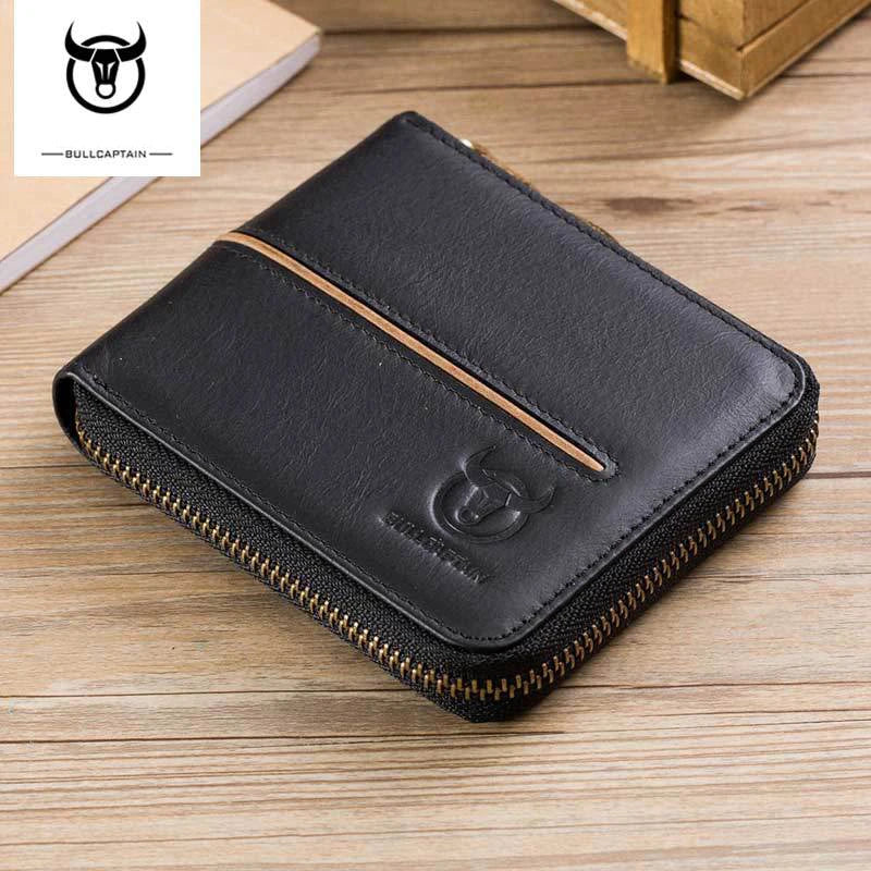 Bullcaptain Genuine Leather Men Short Wallet Casual Men's Coin Purse Vintage Male Zipper Card Holder Luxury Money Bags JYB022