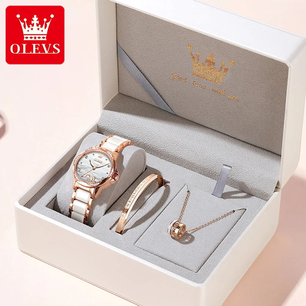 OLEVS 6631 Top Original Automatic Watch for Women Fashion Heart Design Diamond Bezel Ceramics Strap Ladies Mechanical Wristwatch