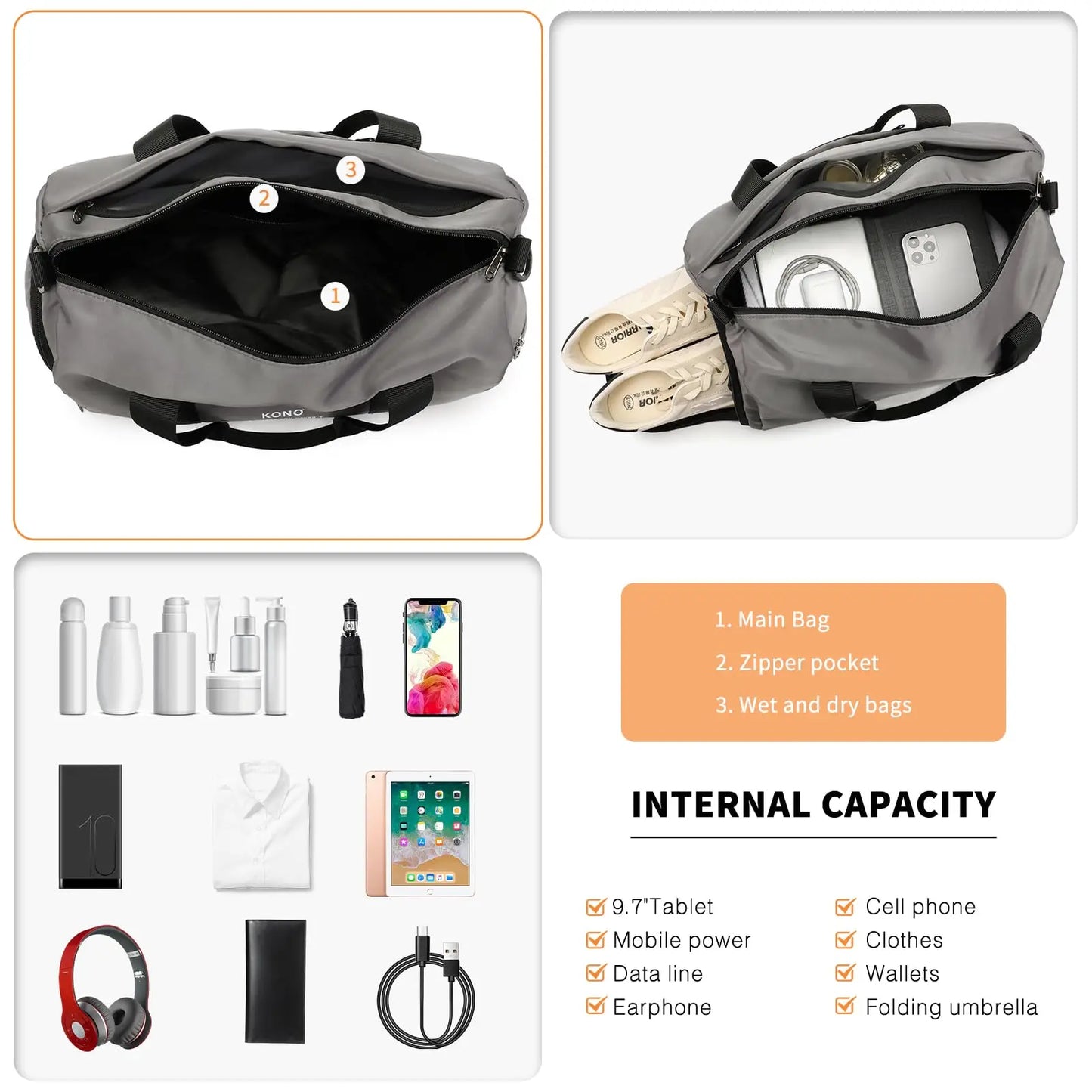 Kono hand luggage bag for Ryanair & EasyJet, 40x20x25 cm, waterproof, with shoulder belt and shoe bag, ideal for air travel