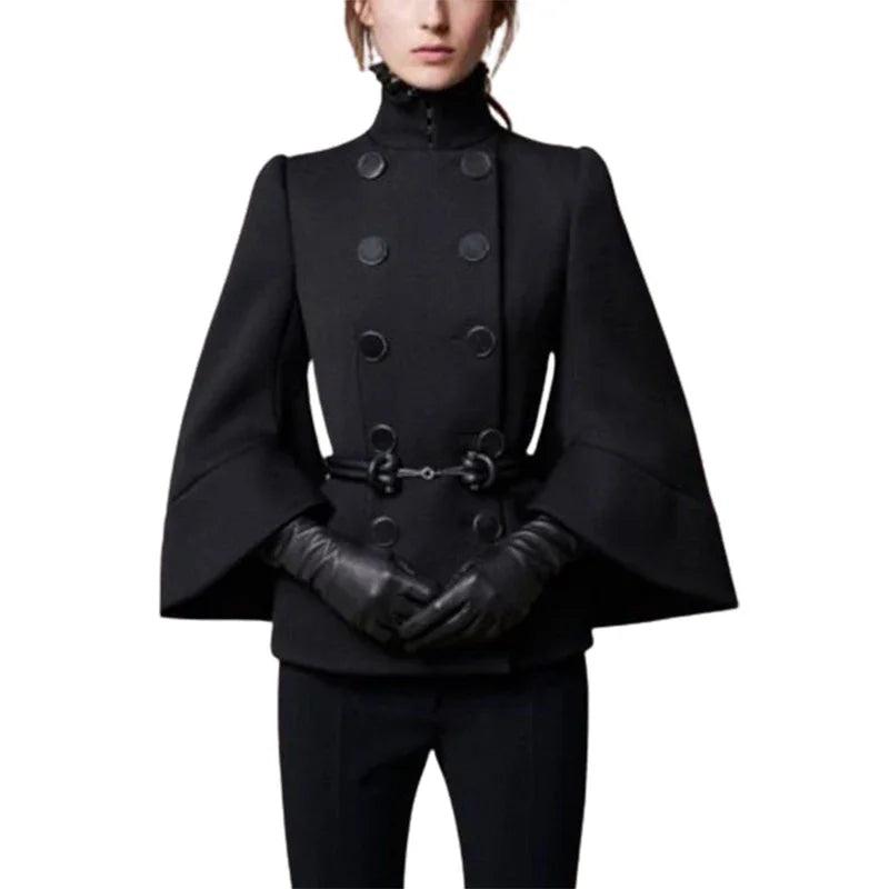 Gymystars Womens 2025 Short Jacket England Buttoned Black High Neck Coats Spring Long Flared Sleeves Outerwear For Women