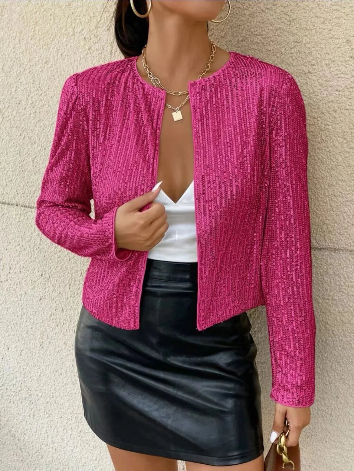 Women Fashion Long Sleeve O-neck Sequins Jacket Lady Elegant Solid Color Cardigan Jackets Female Spring Autumn Chic Short Coat