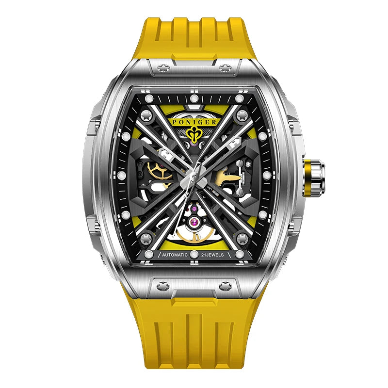 PONIGER New Men's Watch Automatic Movement Mechanical Tourbillon Design Men Watch Stainless Steel Case Waterproof Luminous Watch