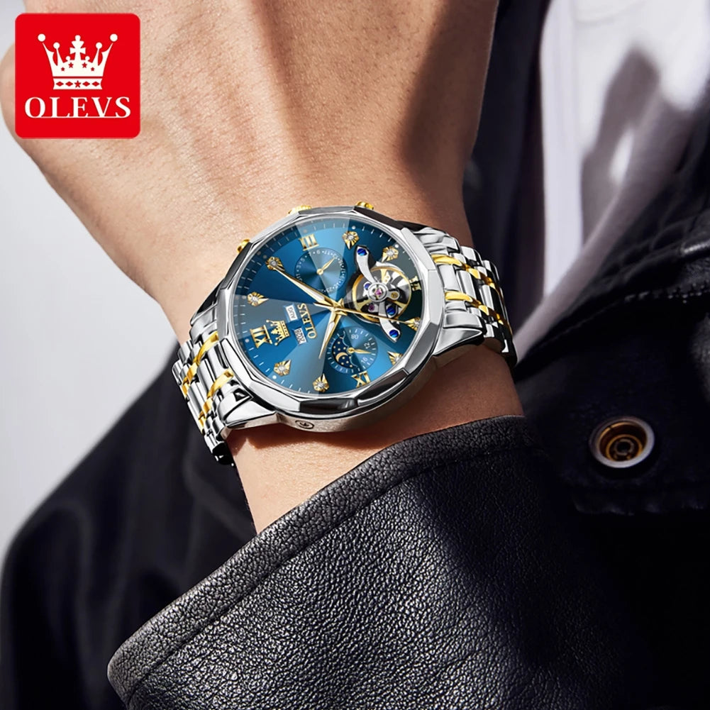 OLEVS 6621 Mens Watch High-end Automatic Mechanical Watches Flywheel Hollow Dial Calendar Moon phase Waterproof Man Wristwatch