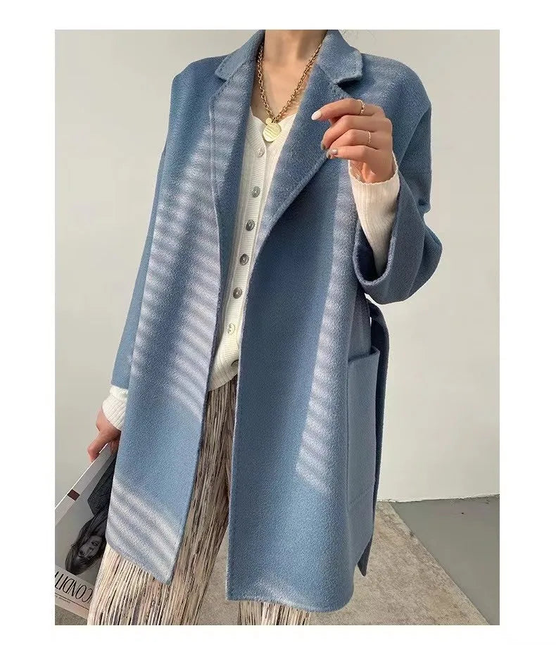 2024 Winter Casual Adjustable Waist Wool Coat Women Water Ripples Woolen Coat Jackets female New Autumn Camel Coat Commuting