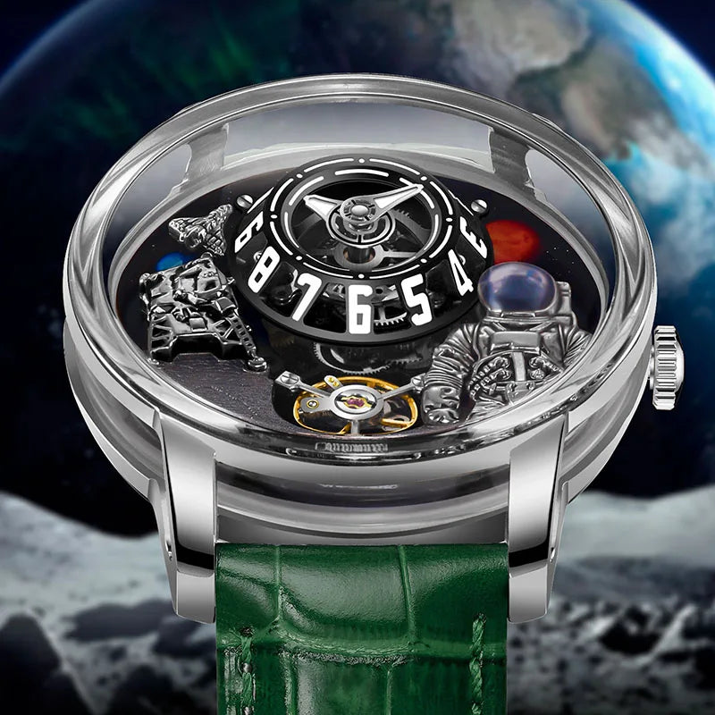 Pindu Men's Luxury and Fashion Personalized Astronaut Dial Fully Automatic Mechanical Green Tourbillon Waterproof Watch