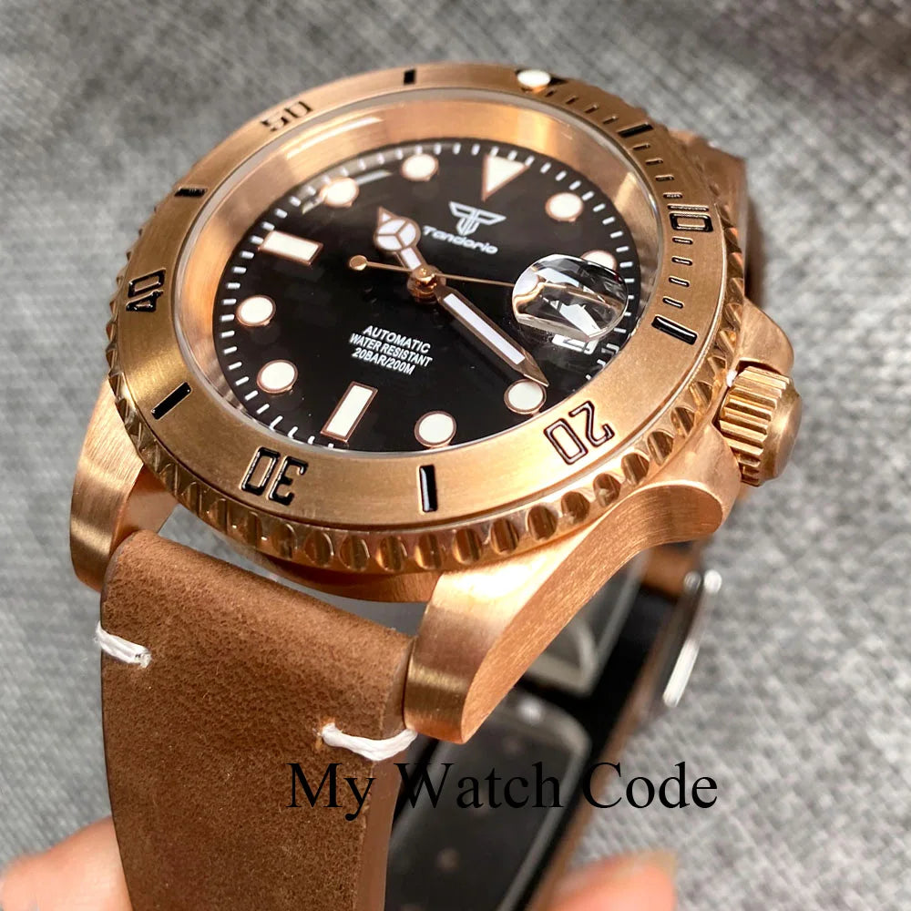 Tandorio Real Bronze Diver Mechanical Watch Men Sunburst Green Wristwatch NH35AA Movt Leather band Vintage Waterproof Lume Clock