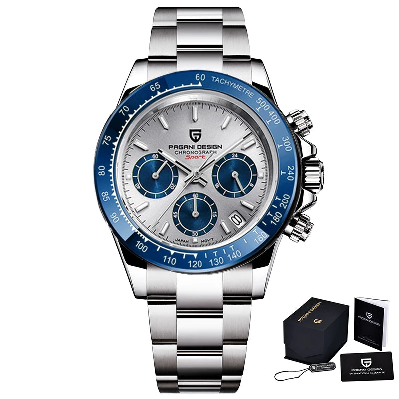 PAGANI DESIGN 2025 New Sport Chronograph Top Brand Luxury Quartz Watch For Men VK63 Automatic date 100M Waterproof Ceramic bezel