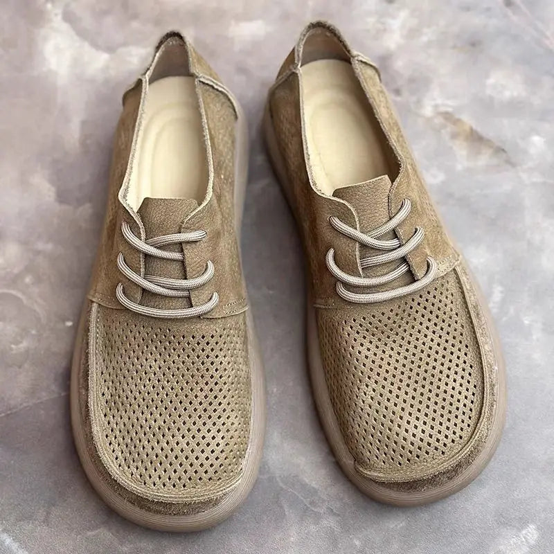Wide toe hollow natural leather shoes men's 2025 summer new cowhide punched breathable soft leather soft sole singlecasual shoes