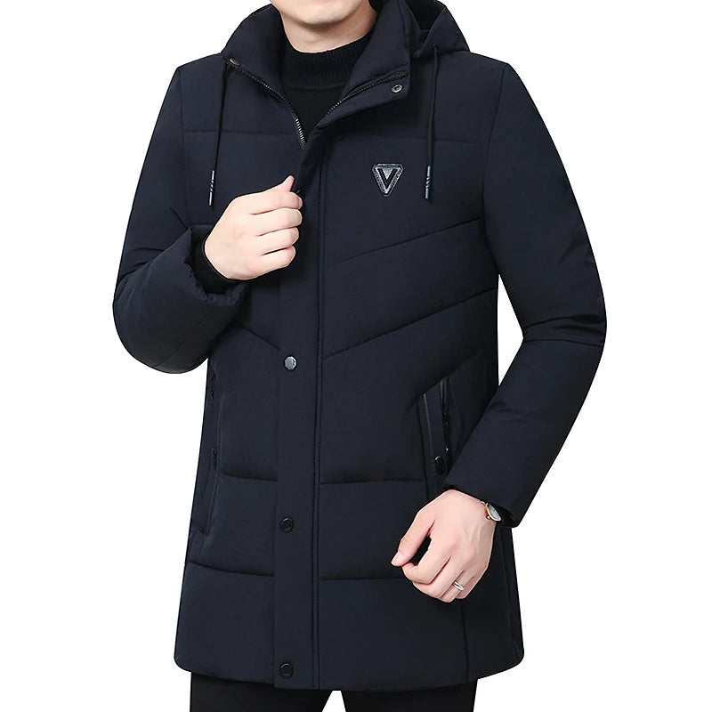 Hooded Winter Down Cotton Coat for Men Parkas Thickened Solid Color Padded Cardigan Midi Length Zip Up Men's Warm Jacket