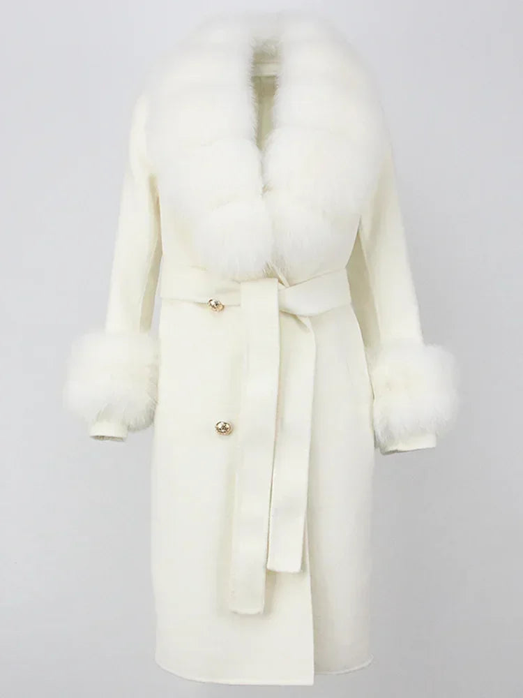 2024 Winter Jacket Women Long Natural Wool Blends Cashmere Real Fur Coat Double Breasted Belt Warm Wool Streetwear New Fashion