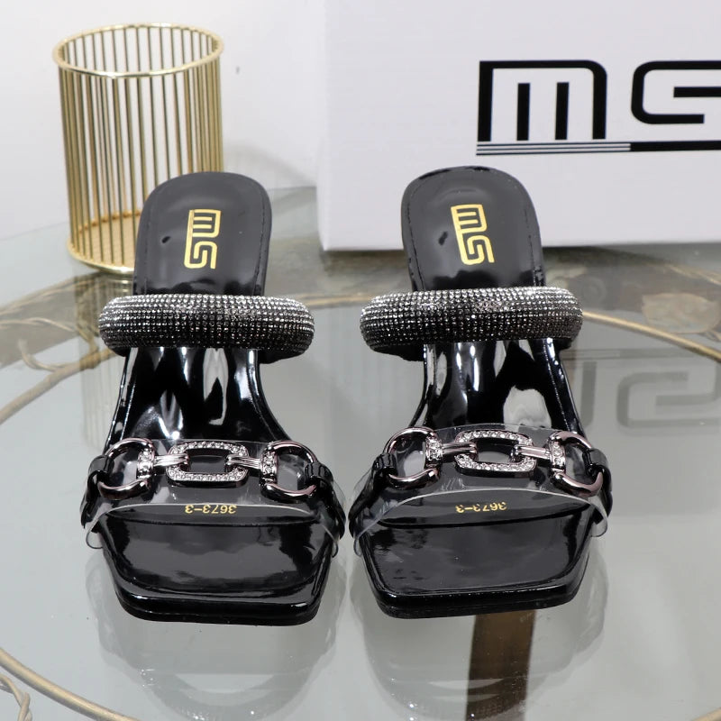 Women's slippers 2025 summer fashion Transparent belt metal decoration box shaped square Alien heel high heels wearing sandals