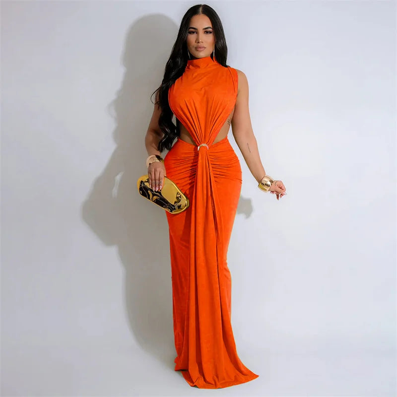 Elegant Celebrity Mermaid Maxi Dress Women Birthday Night Party Evening Prom Metal Ring Cutout Ruched Ribbon Formal Long Dresses