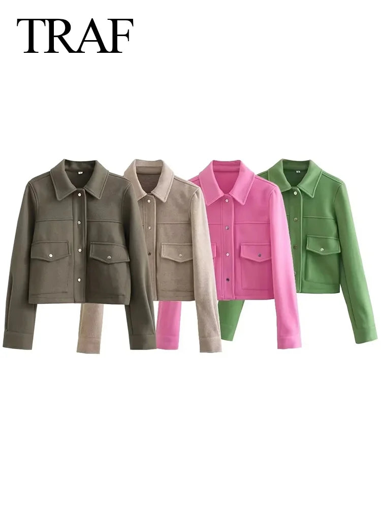 TRAFZA Women Fashion Elegant Khaki Long Sleeve Slim Cropped Coat Female Casual Loose Chic Tops With Buttons Pocket Streetwear