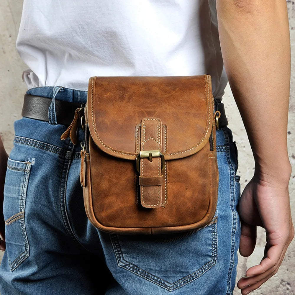 Men Genuine Crazy Horse Leather Waist Pack 7-Inch Vintage Outdoor Hip Bag with Hook Phone Camera Pouch Male Crossbody Bags