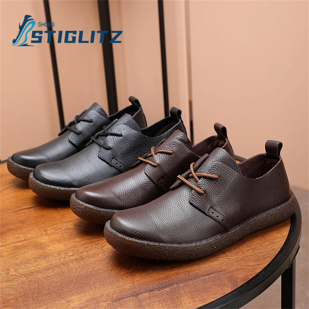 Solid Color Cowhide Lace Up Oxford Shoes for Men Non-Slip Soft Sole High Quality Men's Genuine Leather Shoes Flat Casual Shoes