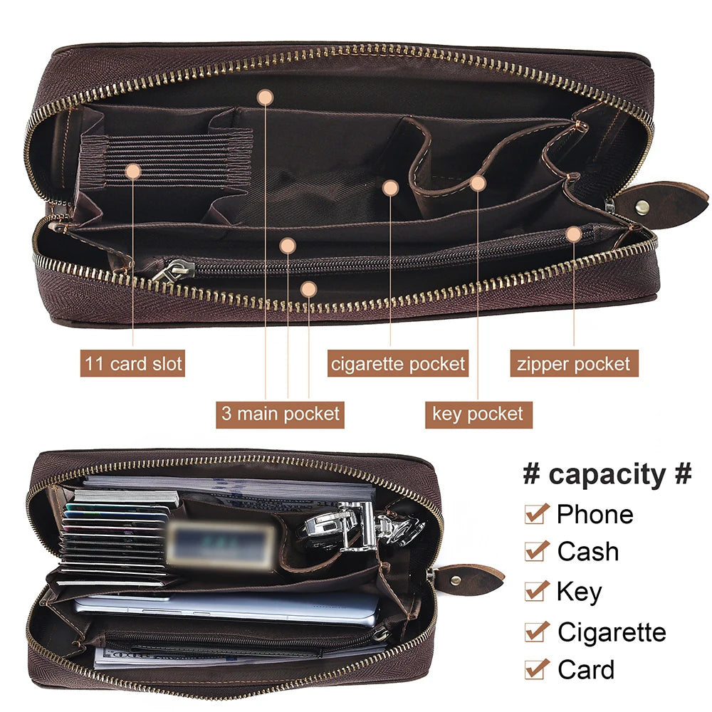 JOYIR Genuine Leather Men's Clutch Bag RFID Wallet Large Capacity Business Long Wallet with Hand Strap Male Purses Money Bag