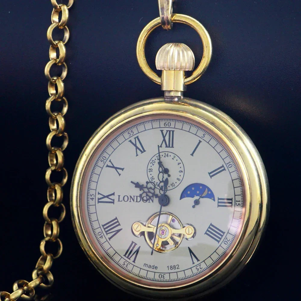 NEW Luxury golden Pure copper Mechanical Pocket Watch Roman Numerals Moon-phase Pocket Clock with Chain