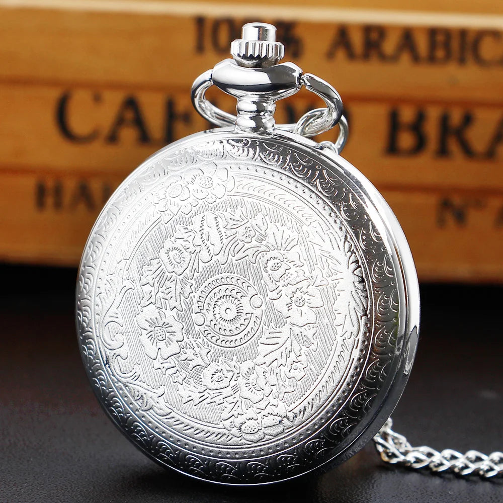 Luxury Silver Quartz Pocket Watch Fashion Necklace Pendant Chain Jewelry Gift Steampunk Clock for Men Women