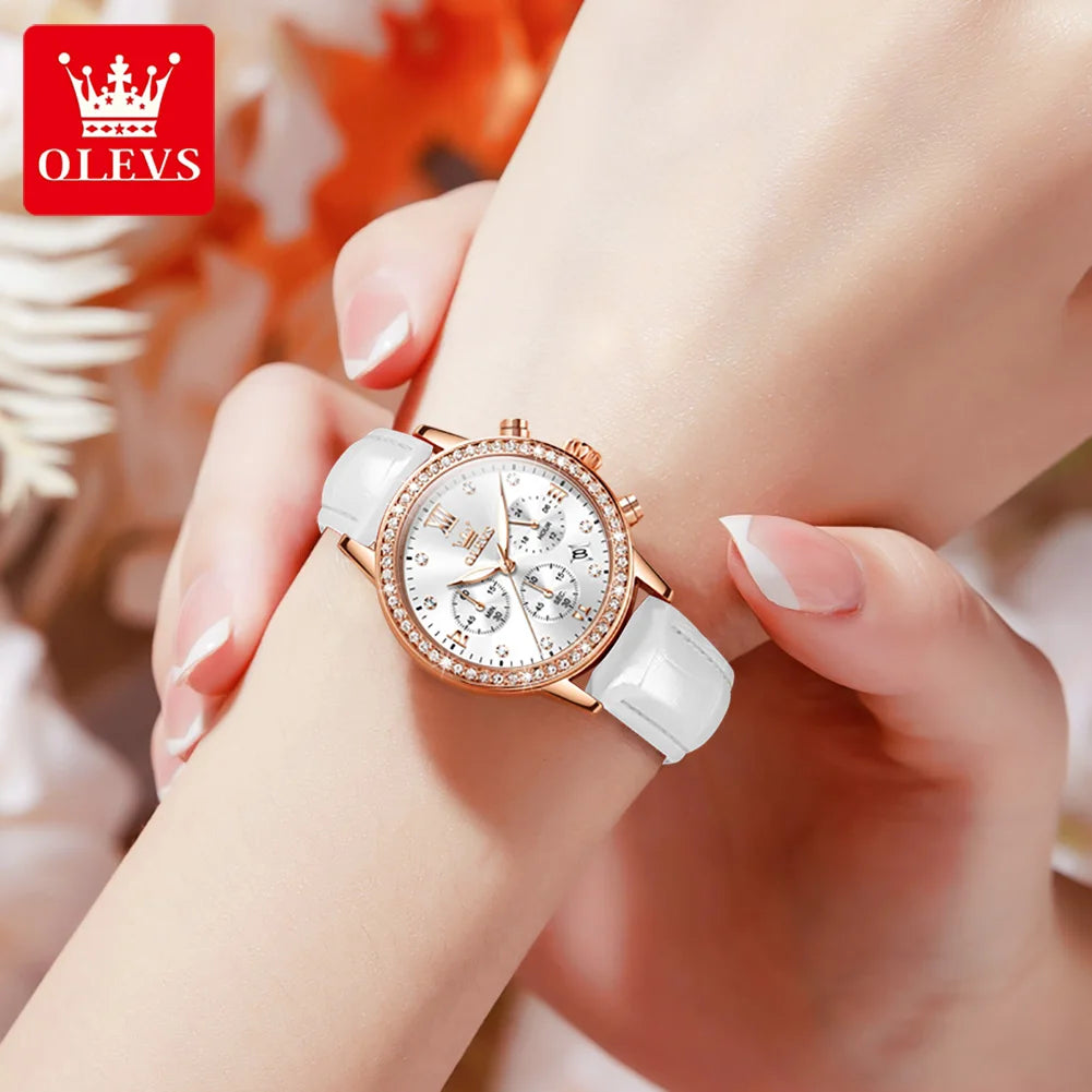 OLEVS 9933 Original Luxury Quartz Watch for Women Fashion Elegant Leater Strap Waterproof Chronogrph Branded Women's Wrist Clock