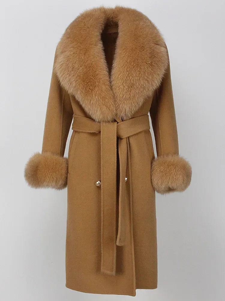 2024 Winter Jacket Women Long Natural Wool Blends Cashmere Real Fur Coat Double Breasted Belt Warm Wool Streetwear New Fashion