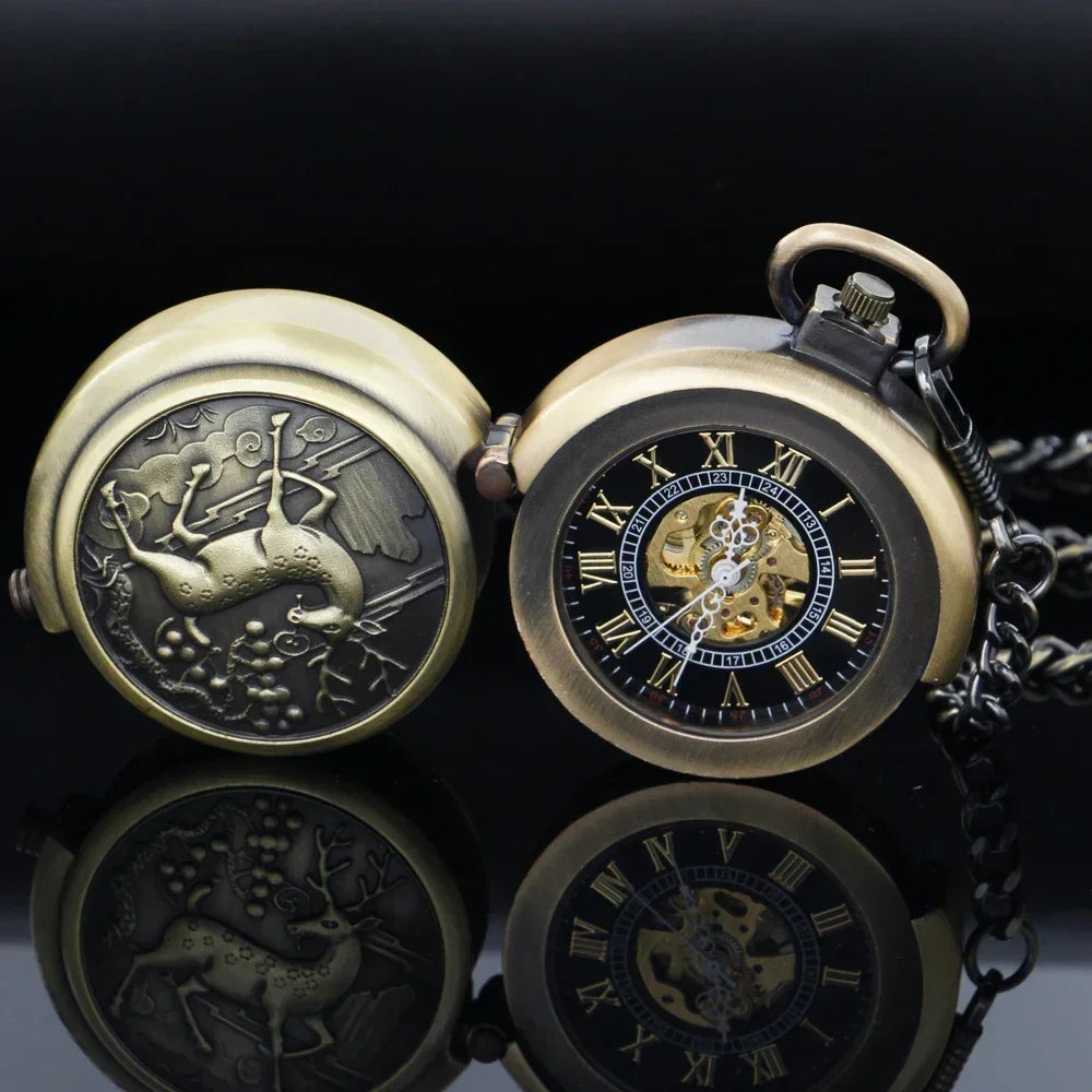 Bronze Elk Manual Mechanical Pocket Watch Roman Numerals Skeleton Dial Pendant Clock Casual Fashion Gifts for Women Men Relógio