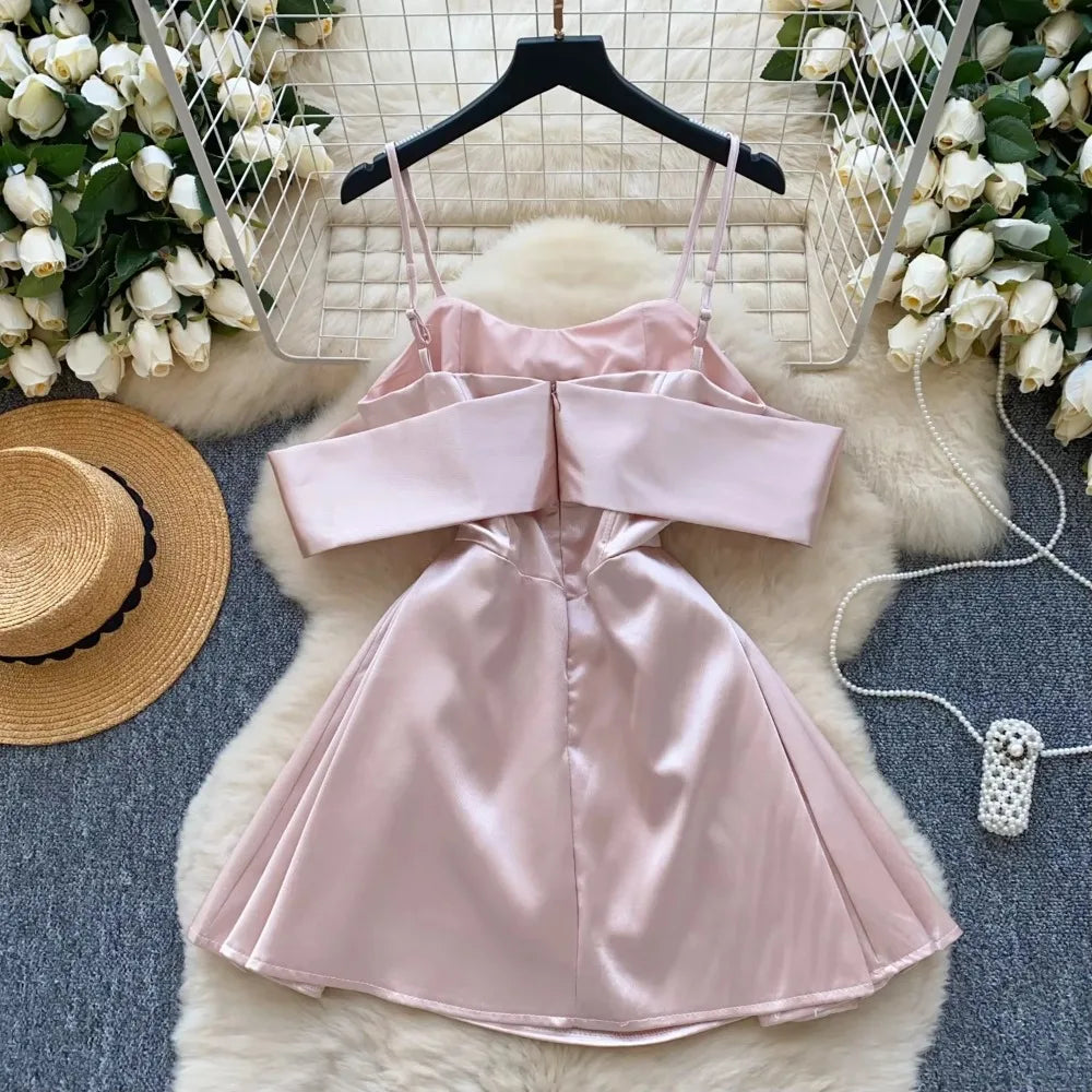 Elegant Sleeveless Vintage Butterfly Bow Sexy Off Shoulder Satin Slim A-line Straps Dresses Birthday Party High Street Clothing