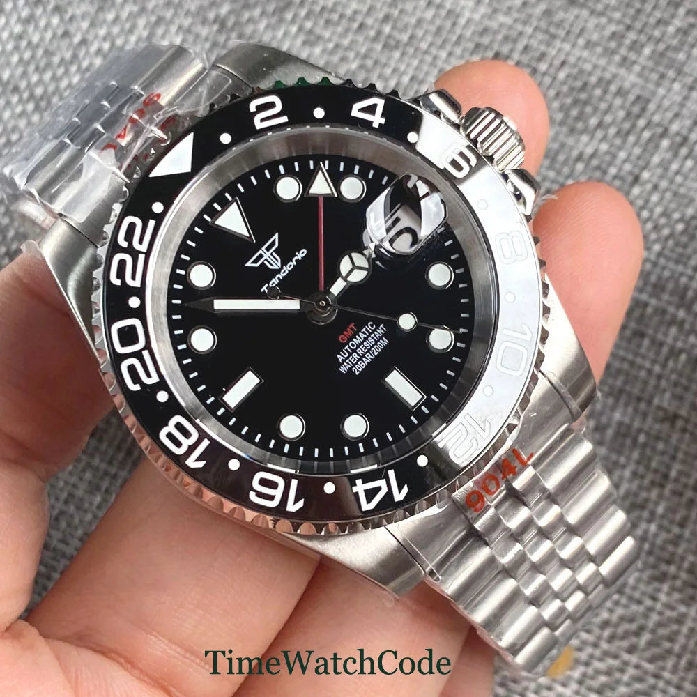 Tandorio 40mm NH34A Men's Automatic Watch GMT Function Luminous Black Dial Sapphire Crystal Auto Date Bracelet Rotating Bezel
