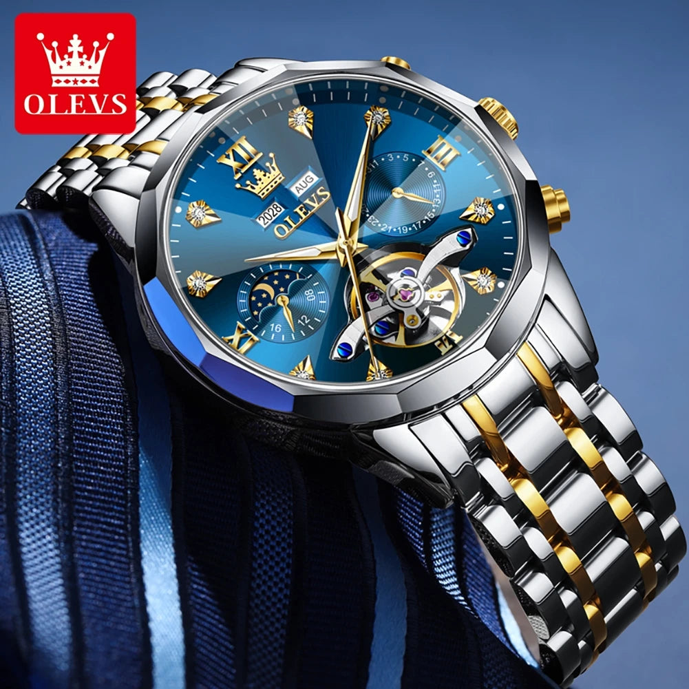 OLEVS 6621 Mens Watch High-end Automatic Mechanical Watches Flywheel Hollow Dial Calendar Moon phase Waterproof Man Wristwatch