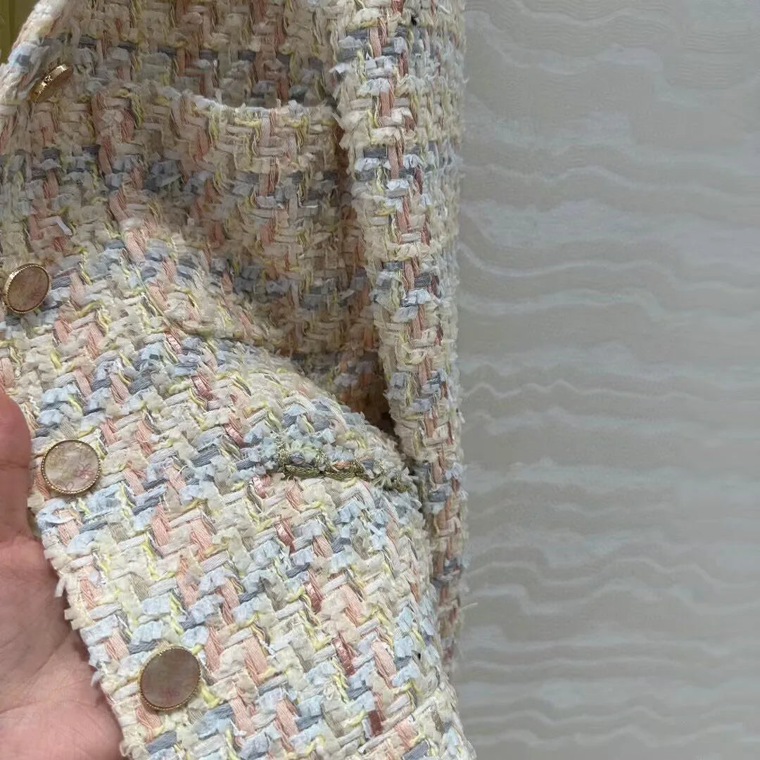 Top Quality 100% Silk Liner Plaid Woven Tweed Coat Women Stand Collar Long Sleeve Single Breasted Pockets Sweet Vintage Jacket
