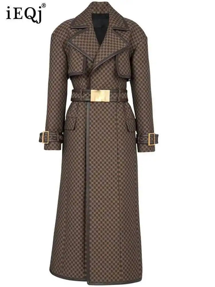 IEQJ Women's Belt Jacquard Maze Pattern Extended Windbreaker Polka Dot 2025 Winter New Turndown-collar Femal Overcoat 3WM3792