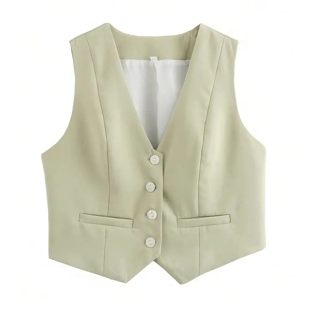 TRAFZA Women Fashion Front Buttons Vest Cropped Waistcoat Vintage V Neck Sleeveless Vests Female Outerwear Chic Tops
