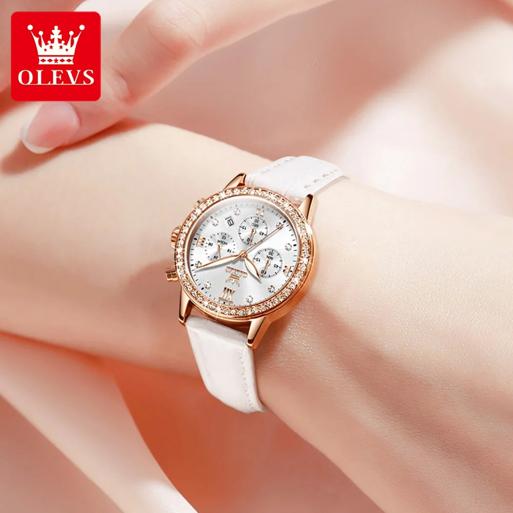 OLEVS 9933 Original Luxury Quartz Watch for Women Fashion Elegant Leater Strap Waterproof Chronogrph Branded Women's Wrist Clock