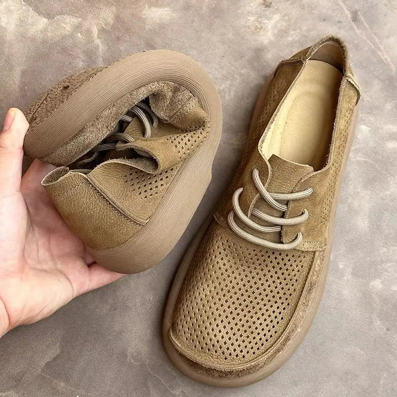 Wide toe hollow natural leather shoes men's 2025 summer new cowhide punched breathable soft leather soft sole singlecasual shoes