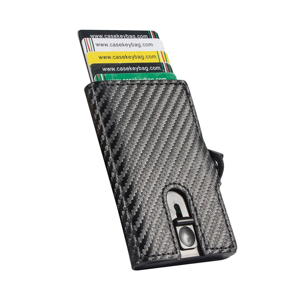 Casekey Real Carbon Fiber Leather Wallet Slim Rfid Blocking Pop Up Card Holder With Zipper Pocket Small Money Bag Male Purses