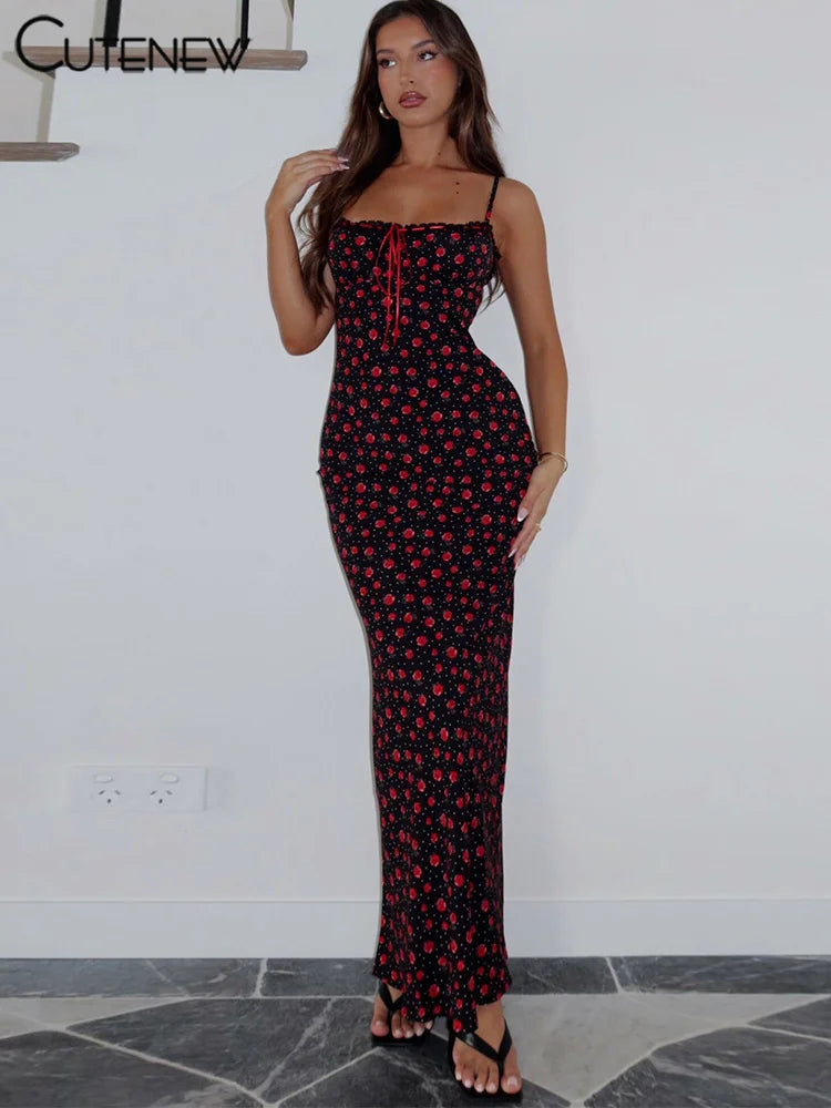 Cutenew Rose Print Trend Maxi Dresses Women Summer Hipster Suspendency Bandage Straight Bodycons Female Concise Street Vestidos