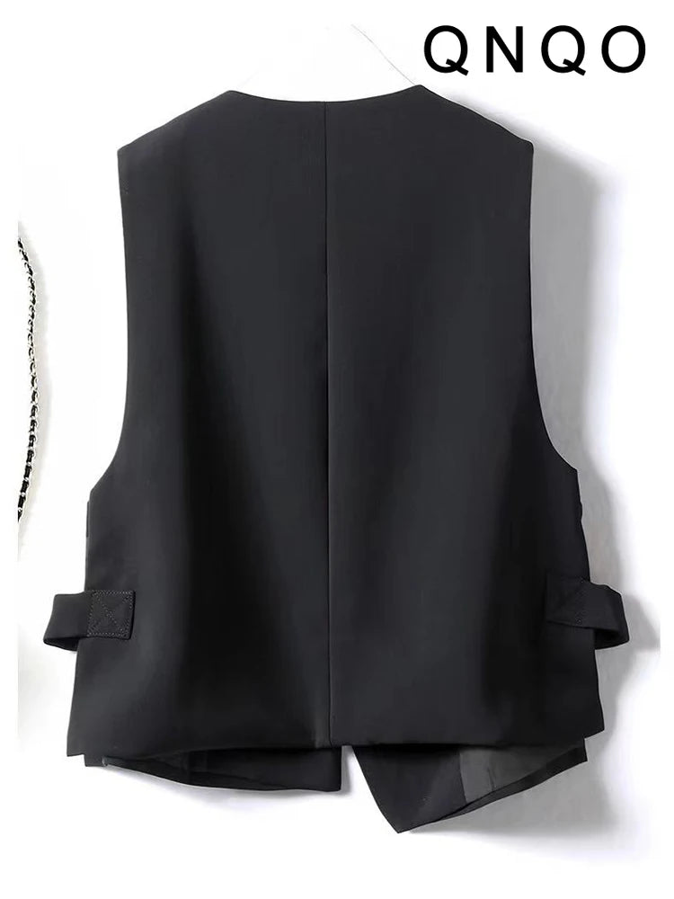 QNQO Black Vest for Women Single Button V-Neck Casual Tops 2024 Summer New Shrug Office Lady Fashion Sleeveless Female Crop Top