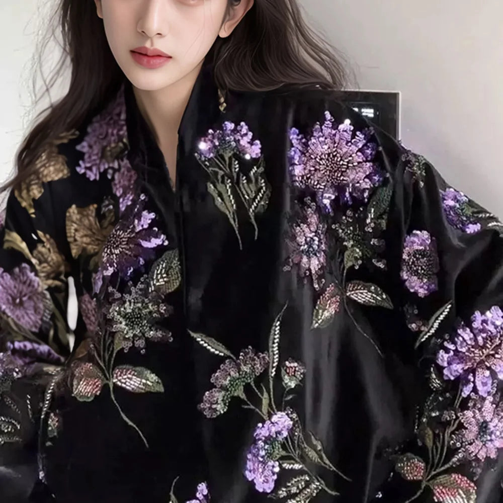 Chinese Embroidery Jacket Women Beautiful Loose Sequins Temperament Jacquard Jacquard Flower Cotton-padded Coat Spring Autumn