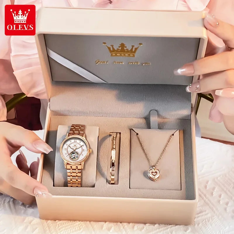 OLEVS Hollow Women's Watch Fully Automatic Mechanical Watch Luxury Diamond Inlaid Starry Sky Elegant Women's Brand Watch 7036