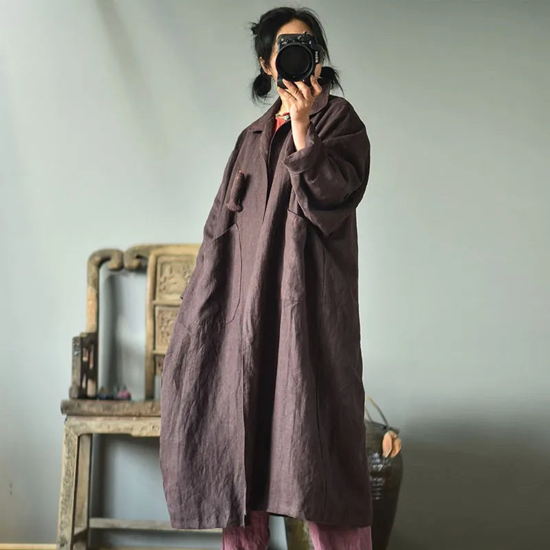 Johnature Cotton Linen Loose Buttonless Cardigan Windbreaker 2025 Autumn Winter New Retro Patchwork Pocket Women Coat